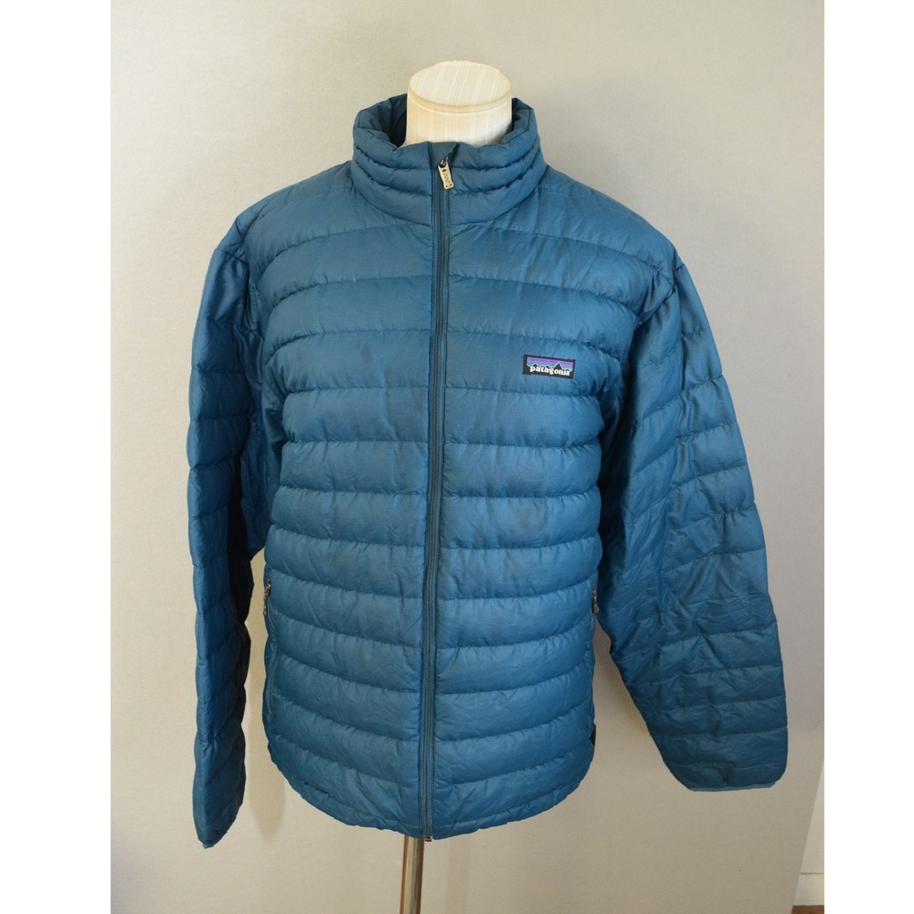 Patagonia Down Sweater Jacket Medium Blue Puffer Full Zip Mens FLAWS